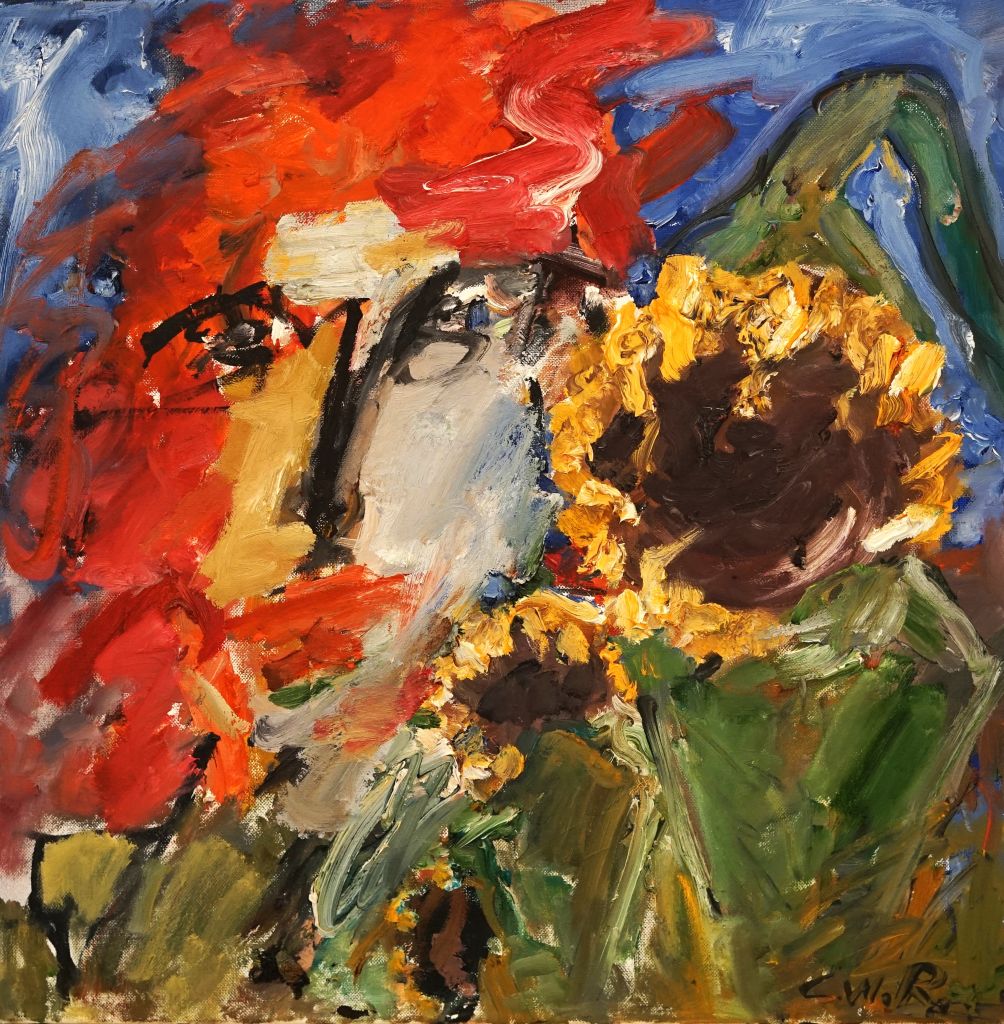 Werk mit dem Titel "Feuerkopf mit Sonnenblume"